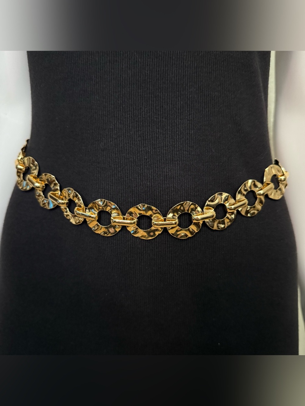 Gold tone chain belt with metal textured circular links